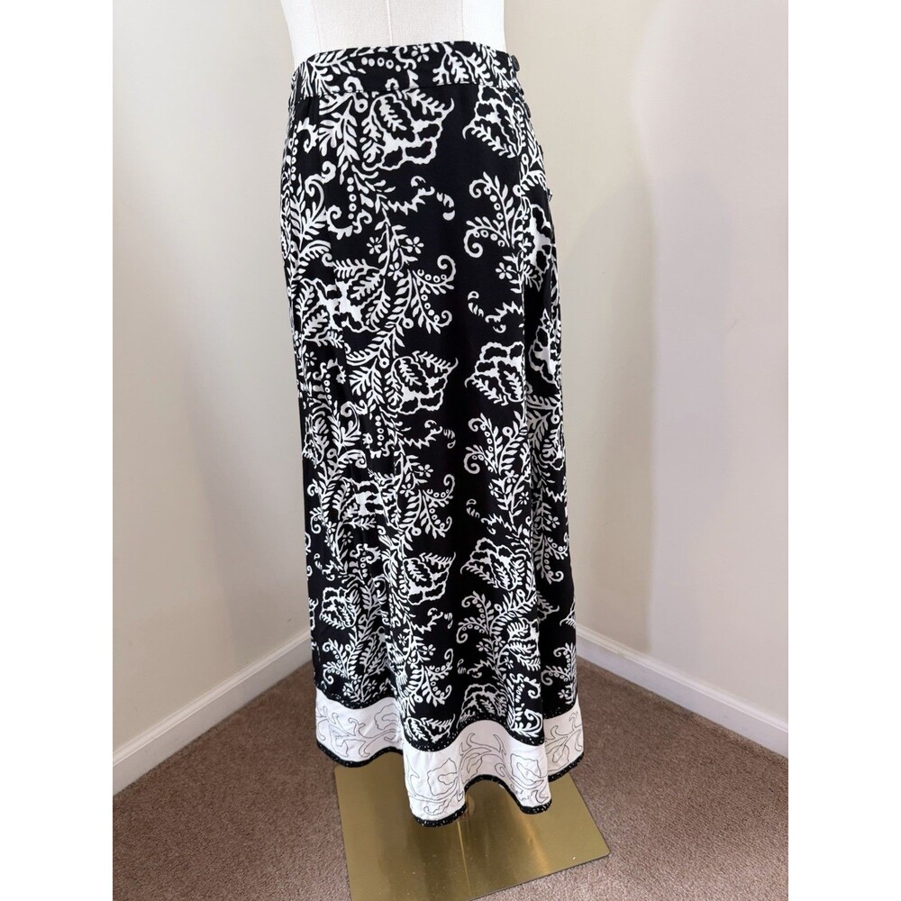 Soft Surroundings Black White Botanical Print Rayon Midi Skirt Side Buttons PL